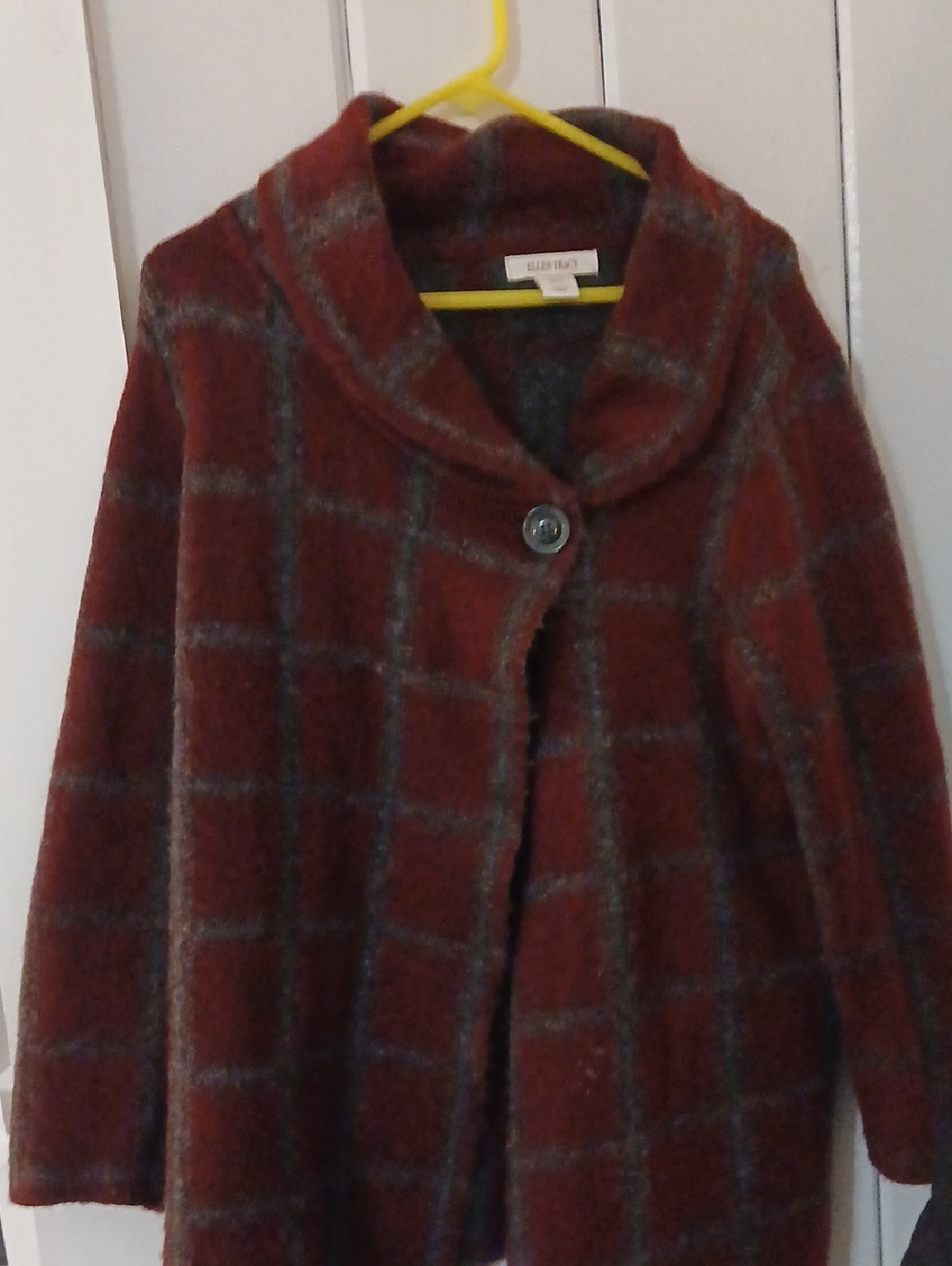 Ellen Tracy Womens 1x Rust Red And Gray Windowpane Shawl-Collar Coat W/ Button
